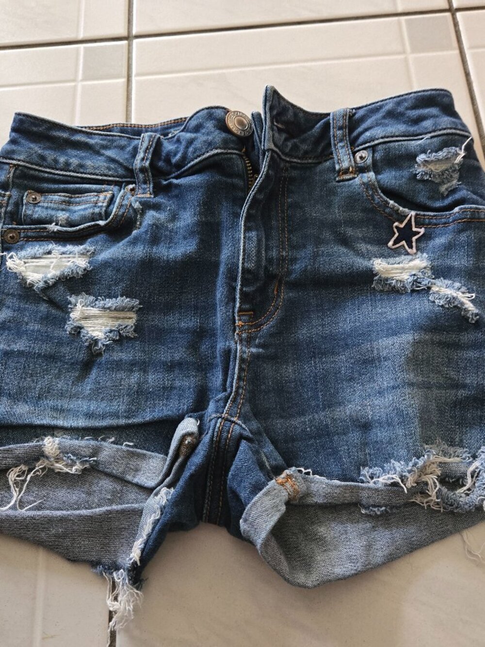 American Eagle High Rise Shortie Dark Wash Patches Cutoff Jean Shorts 0
